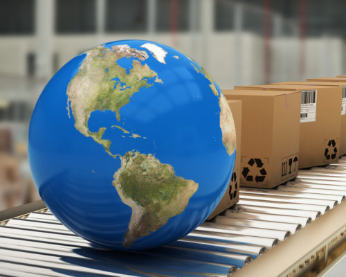 Boxes and blue globe on conveyor belt against image of a warehouse